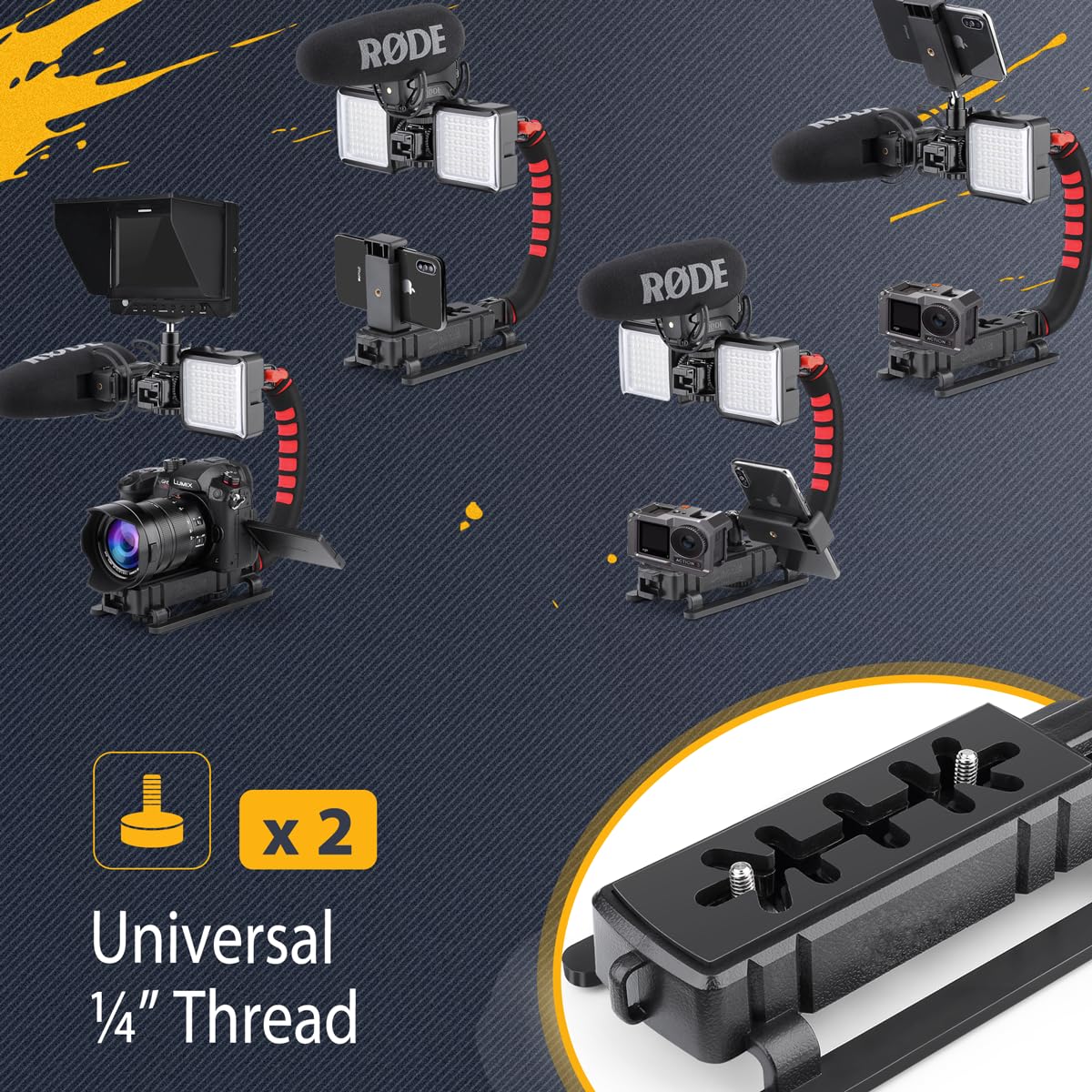 Zeadio Tripel Zubehörschuh Handheld Stabilisator mit Smartphone Video Rig, Video Aktion Handgriff Griff für Allen Kamera, Action-Kamera, DSLR und Smartphones