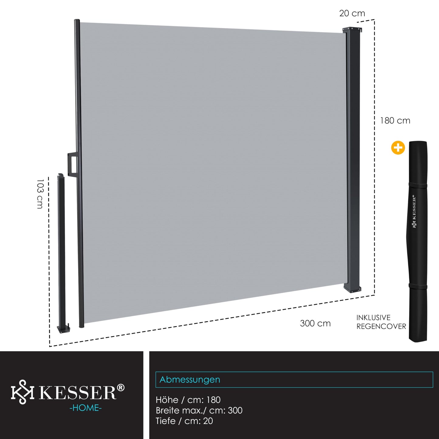 KESSER® Seitenmarkise ausziehbar Markise 300 x 180 cm Blickdicht Sichtschutz & Windschutz für Garten Balkon & Terrasse, Seitenrollo mit Wandhalterung, inkl. Wettercover Grau