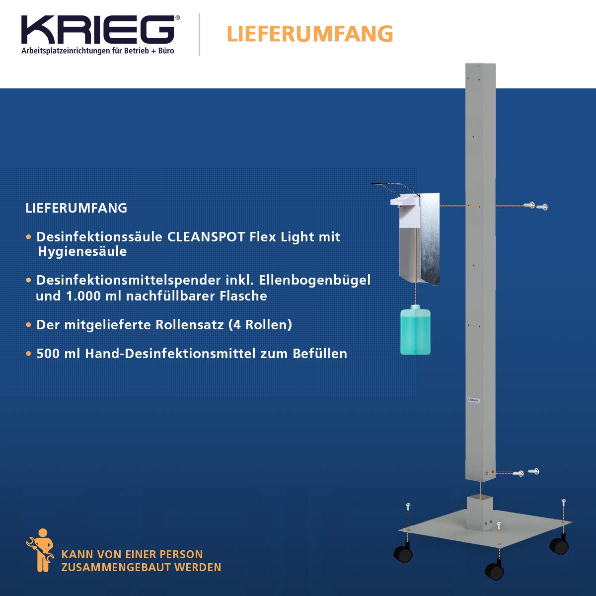 KRIEG Desinfektionssäule stehend I Silber I Hygienestation freistehend & mobil I Hygienesäule mit Desinfektionsmittel I 1000 ml - 333 Sprühstöße I Ready to go