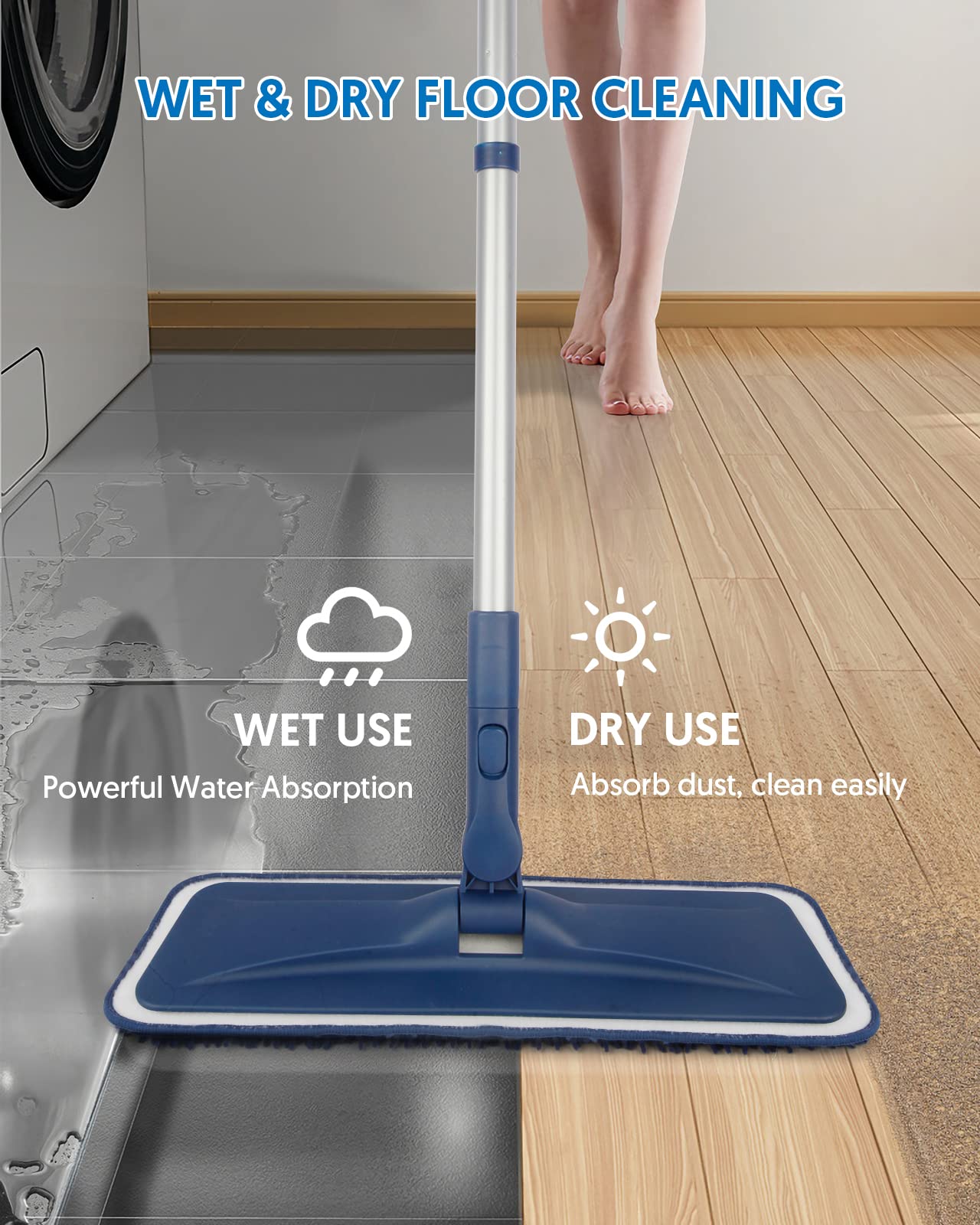 Wischmopp Bodenwischer Mop mit Mikrofaser Bezug - BPAWA 150CM Flach Wischmop Staub Trockenmopp Wischer mit 4 Waschbaren Ersatzbezug für Fliesen Hartholz Parkett Laminat Holz Böden Schnelle Reinigung