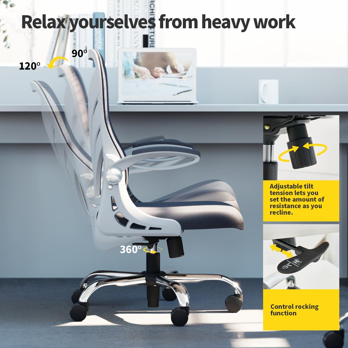 HOLLUDLE Ergonomischer Bürostuhl mit Klappbarer Rückenlehne, Schreibtischstuhl mit Erweitertem Sitz(52 cm), Hochklappbaren Armlehnen und Mesh Lendenwirbelstütze Drehstuhl Computerstuhl, Weiß