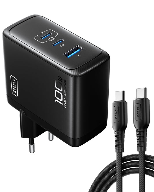 INIU 100W USB C Ladegerät, GaN 3-Ports Schnellladegerät mit USB C Kabel, PD 3.0 Mehrfach Netzteil für MacBook iPad Pro Air, iPhone 16 15 14 Pro Max Plus, Galaxy S24 S23 Ultra, Steam Deck, Google usw