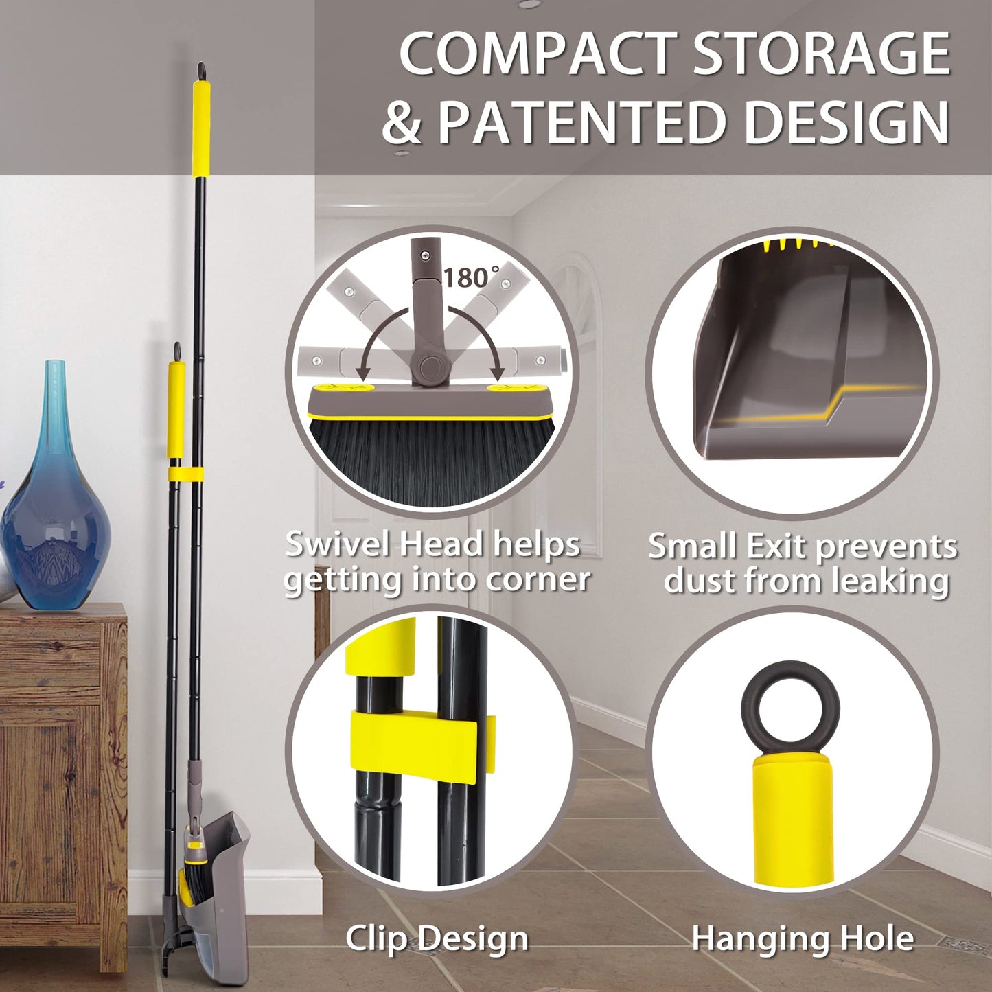 JEHONN Besen und Kehrschaufel Set mit Langem Stiel 138CM, 180 Grad Drehbar Camping Kehrbesen Innen und Schaufel für Vorzelt, Haus, Büro, Lobby, Terrasse