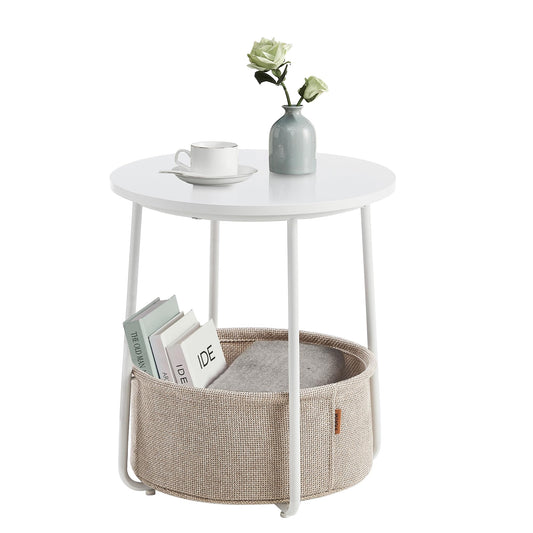 VASAGLE Beistelltisch rund, Kleiner Tisch, Couchtisch klein, Wohnzimmertisch, Korb aus Stoff, Stauraum für Wohnzimmer Schlafzimmer, Nachttisch modern, mattweiß-Kamelbraun LET223W10