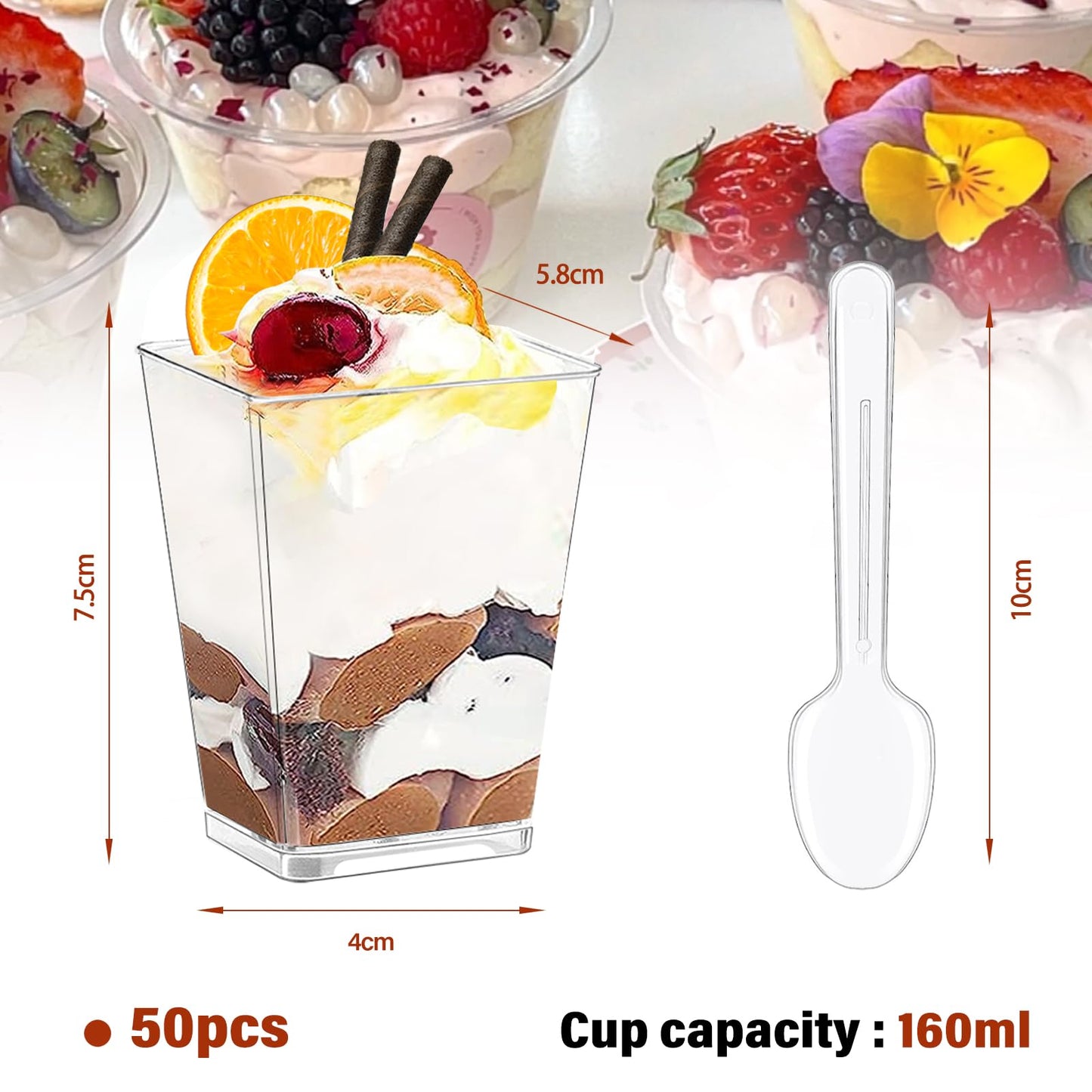 Desserttassen 50 Stück,160ml Plastik Dessertbecher mit Löffeln Wiederverwendbar Quadratisches Dessertbecher Set für Mousse Pudding Eis Buffet Hochzeiten Geburtstag Party