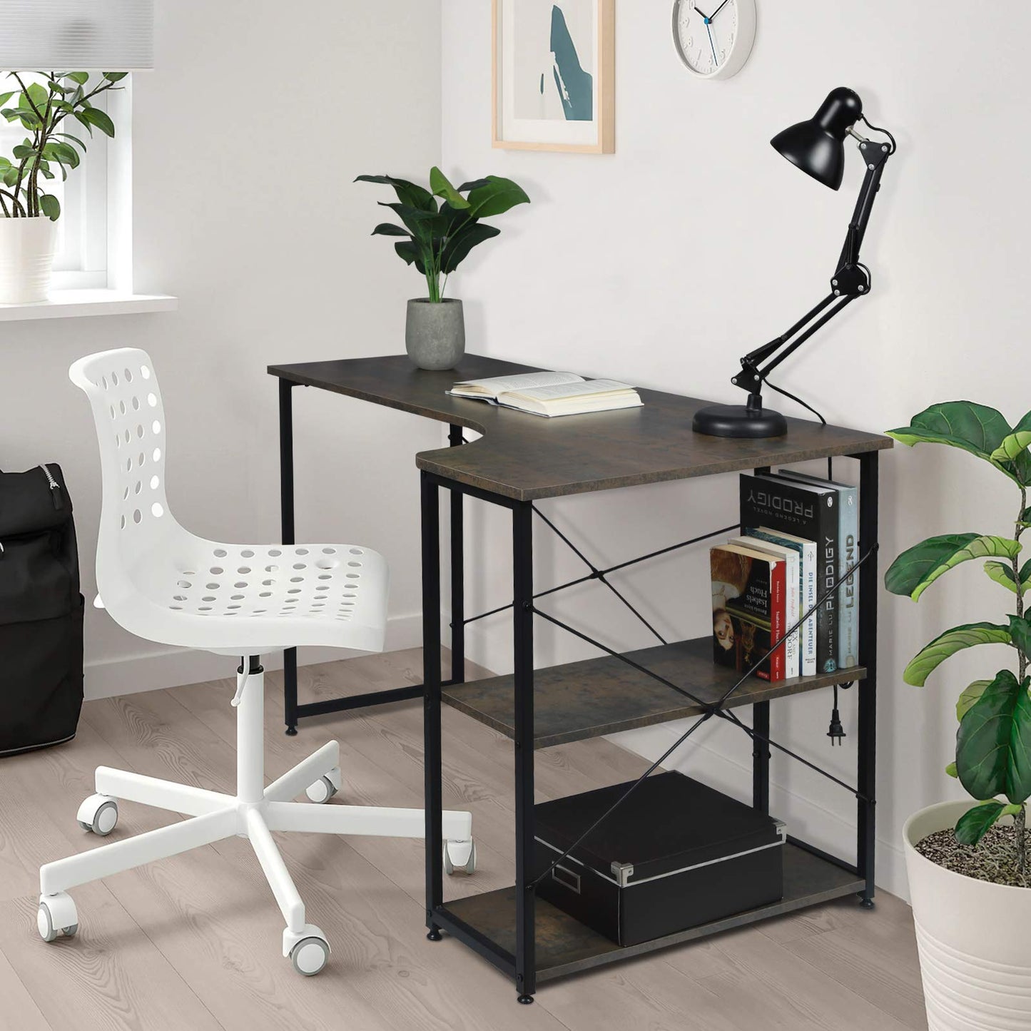 WOLTU Eckschreibtisch, L-förmiger Schreibtisch mit 2 Ablagen, Bürotisch Computertisch PC Tisch, Ecktisch Groß für Büro Homeoffice Gaming, Industrie-Design, 120x71,5x74 cm, Schwarz+Rostfarbe