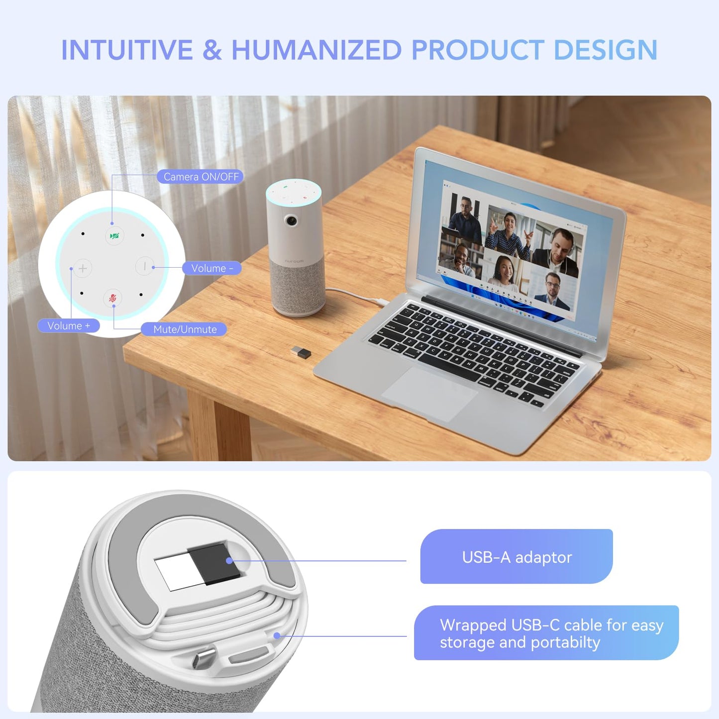 Nuroum Videokonferenz-Webcam mit Mikrofon&Lautsprecher, C10 1080P Kamera für Videokonferenz, Rauschunterdrückung/90° FOV/3m Reichweite, USB Plug&Play Freisprecheinrichtung für PC Windows/Mac