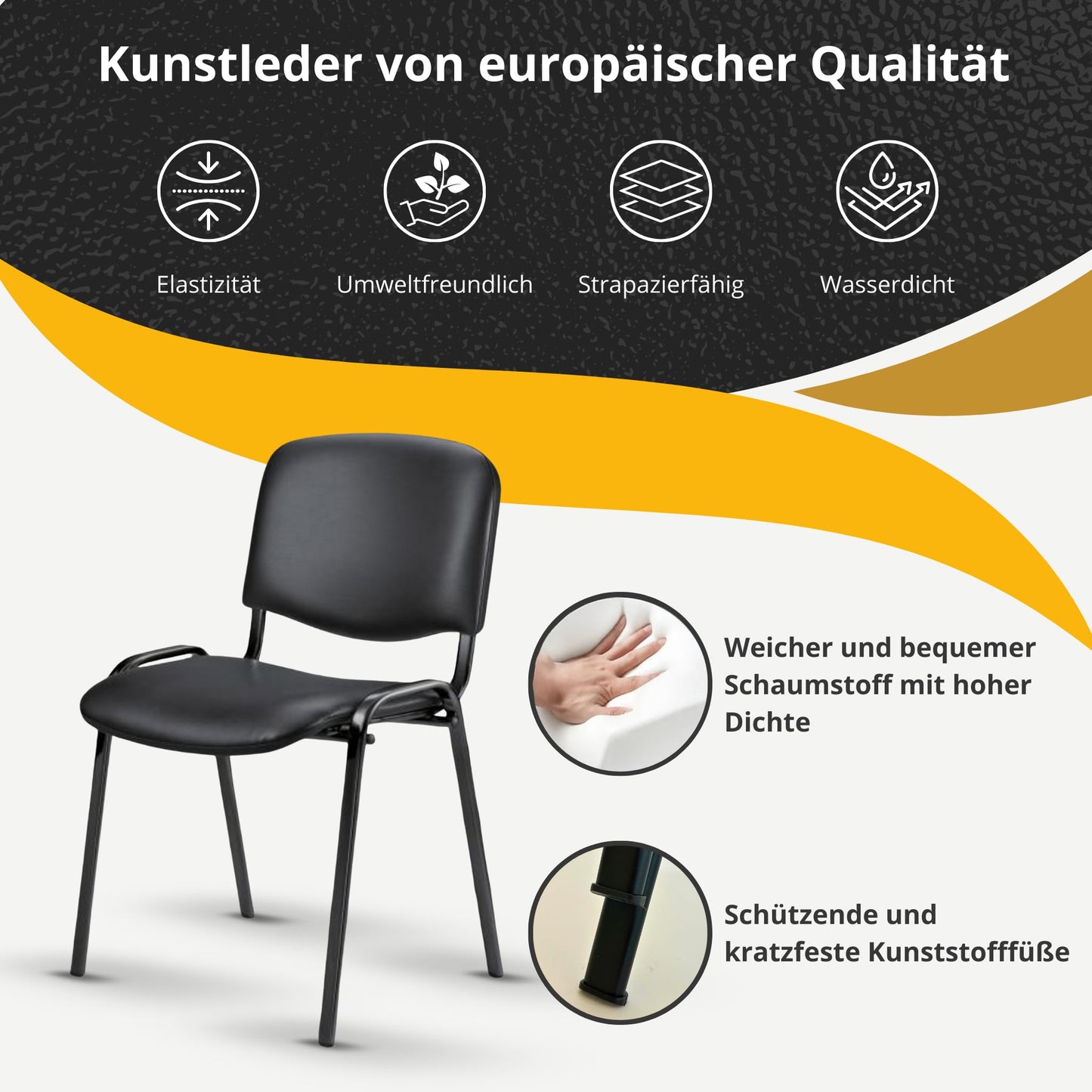 Topsit Büro & More Wartezimmerstuhl, stapelbarer Besucherstuhl mit Polsterung und Kunstlederbezug, Metallgestell Bürostuhl, Konferenzstuhl für Home Office, Rezeption Pausen Raum (Schwarz)