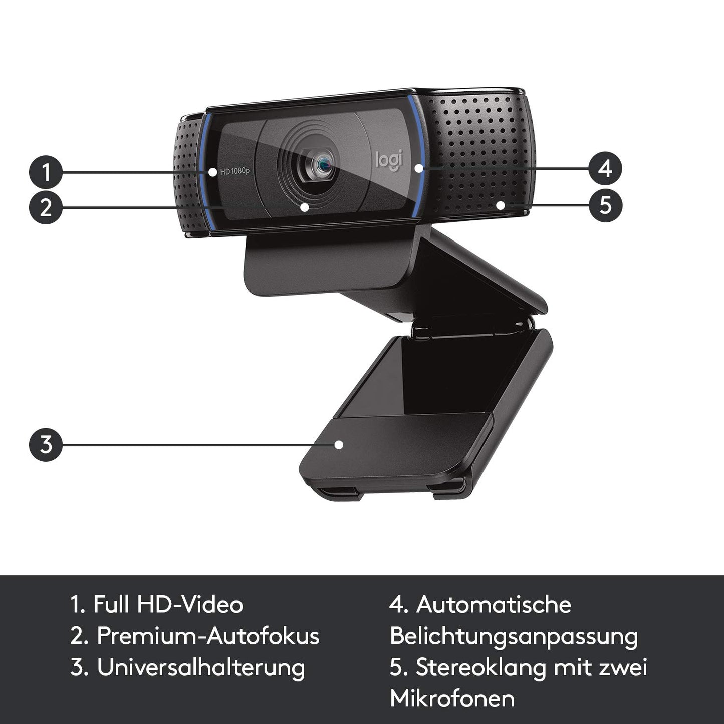 Logitech C920 HD PRO Webcam, Full-HD 1080p, 78° Sichtfeld, Autofokus, Klarer Stereo-Sound, Belichtungskorrektur, USB-Anschluss, Für Skype, FaceTime, Hangouts, etc., PC/Mac/ChromeOS/Android - Schwarz