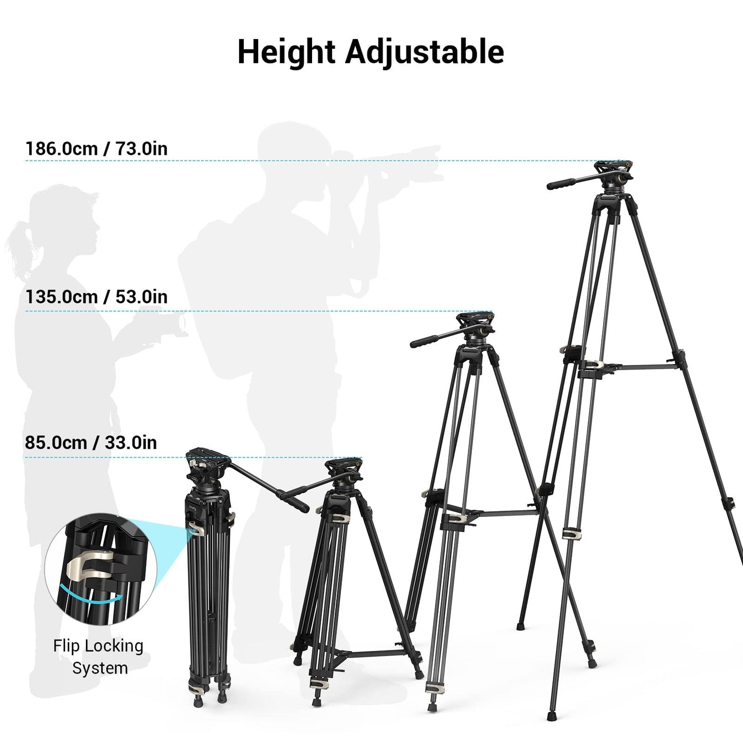 SMALLRIG Videostativ, 73-Zoll (186 cm) Heavy Duty Tripod Hochleistungs Stativ mit 360-Grad-Fluidkopf und Schnellwechselplatte für DSLR, Camcorder, Kameras, Belastbarkeit 8 kg - 3751B