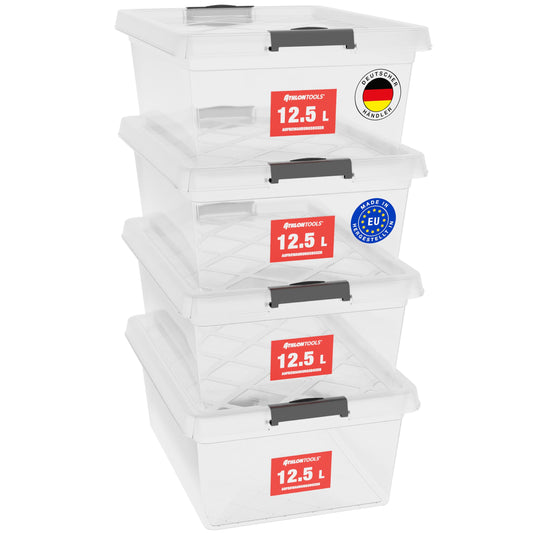 ATHLON TOOLS 4x 12.5 L Aufbewahrungsboxen mit Deckel, lebensmittelecht - Verschlussclips - 100% Neumaterial Plastik-Box transparent - Kleiderboxen stapelbar…