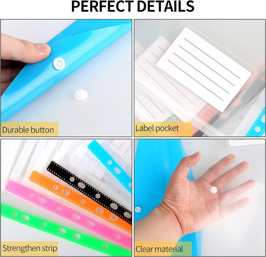 TOOELMON Dokumententasche A4, 12 Stück Transparent Dokumentenmappe A4 zum Abheften, Erweiterbare Wasserdicht Dokumenten Mappen A4 Abheftbar mit Druckknopf, 6 Farben