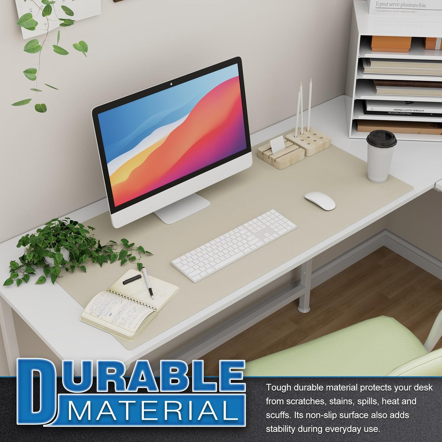 K KNODEL Tischunterlage, Schreibtischunterlage, 90 x 43cm PVC Tischunterlage, Laptop Tischunterlage, wasserdichte Schreibunterlage für Büro- oder Heimbereich, doppelseitig (Elfenbein Creme/Weiß)
