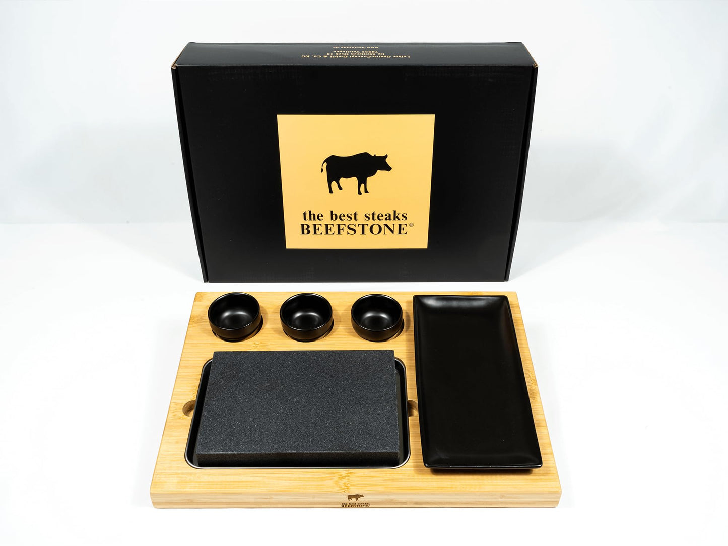 BEEFSTONE 7-Teiliges Lavastein-Grillset, Black, Hot Stone Steak-Brett mit Bambusplatte, Porzellan-Tablett und Lavastein für Fleisch, Fisch und Gemüse