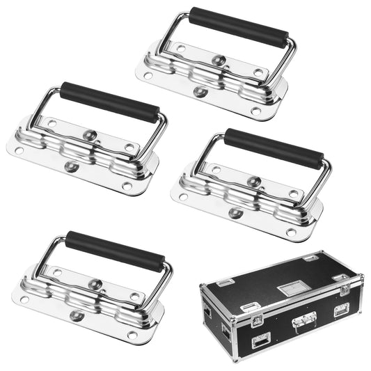 HIKPACKER 4 Stück Klappgriff Edelstahl, Tragegriff Mit Frühling, Kistengriff Silbrig, Mit Isoliertem Gummigriff, Bohrungsdurchmesser 6mm,Für Lautsprecherboxen Toolbox Tür Werkzeug Boxen (110mm)