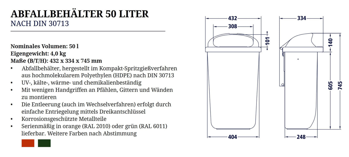 SULO Original Set Abfallbehälter Papierkorb mit Regenhaube | Der Klassiker Made in Germany | 50 Liter | Grün | Mit 2 Befestigungsschellen & 1 Dreikantschlüssel | H740xB432xT256mm