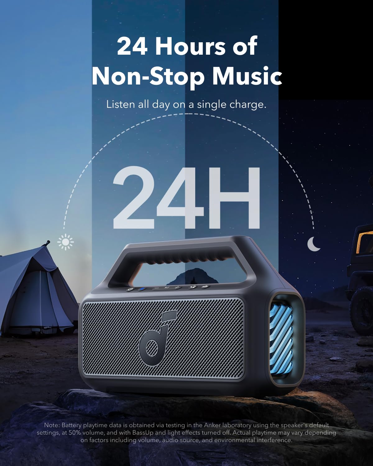 soundcore by Anker, Boom 2 Outdoor-Lautsprecher, 80W, Subwoofer, BassUp 2.0, 24h Akku, IPX7 Wasserdicht & Schwimmt, LED-Licht, USB-C, EQ, BT 5.3, Mobiler Bluetooth-Speaker, Camping, Strand, Garten