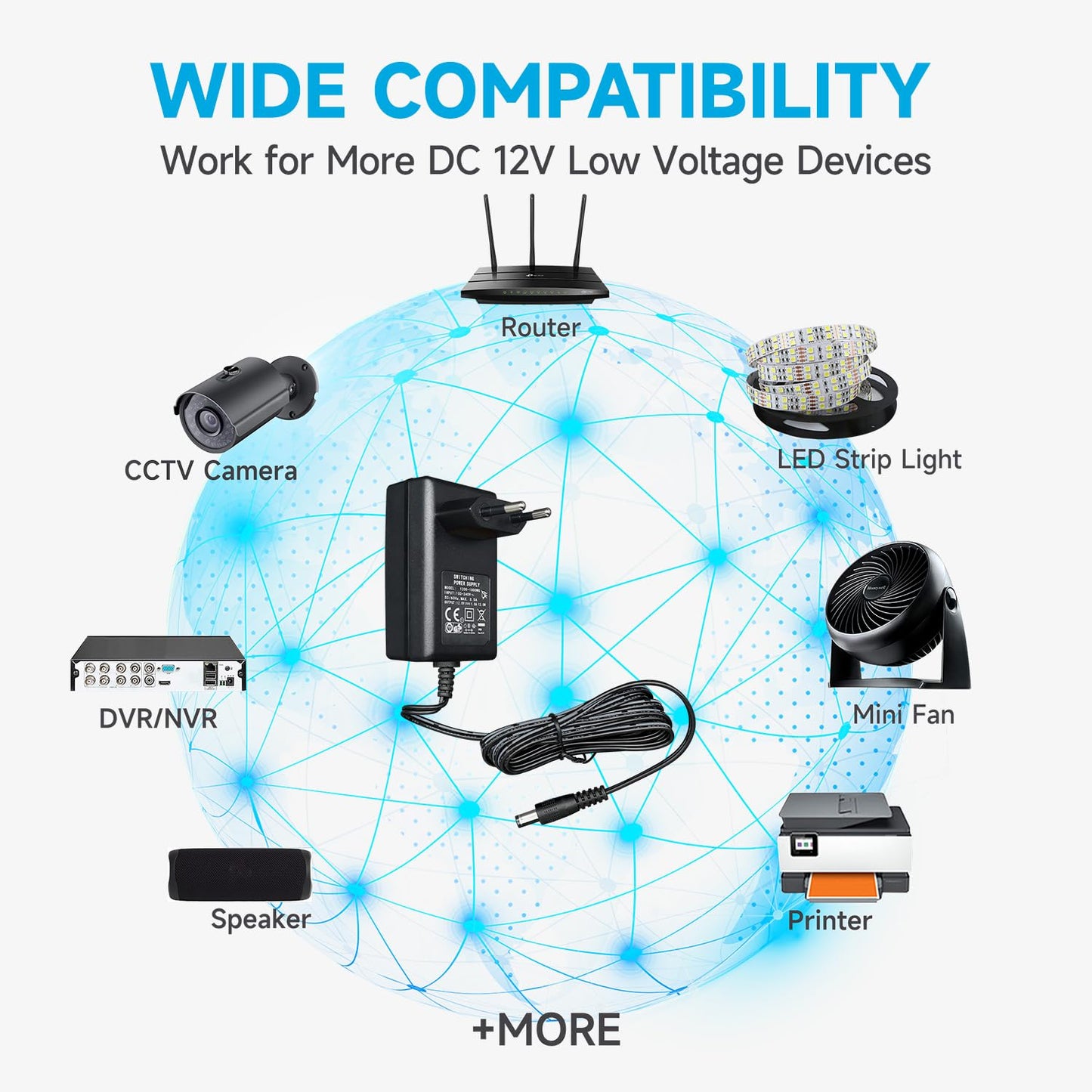 12V 1A/1000mA Netzteiladapter, AC 100-240V 50/60Hz auf DC 12V 1A/1000mA 12W Wandladegerät, Mitte positiv, 1,8m langes 20-AWG-Kabel für stabilen und flexiblen Einsatz, 8 Aufsätze enthalten