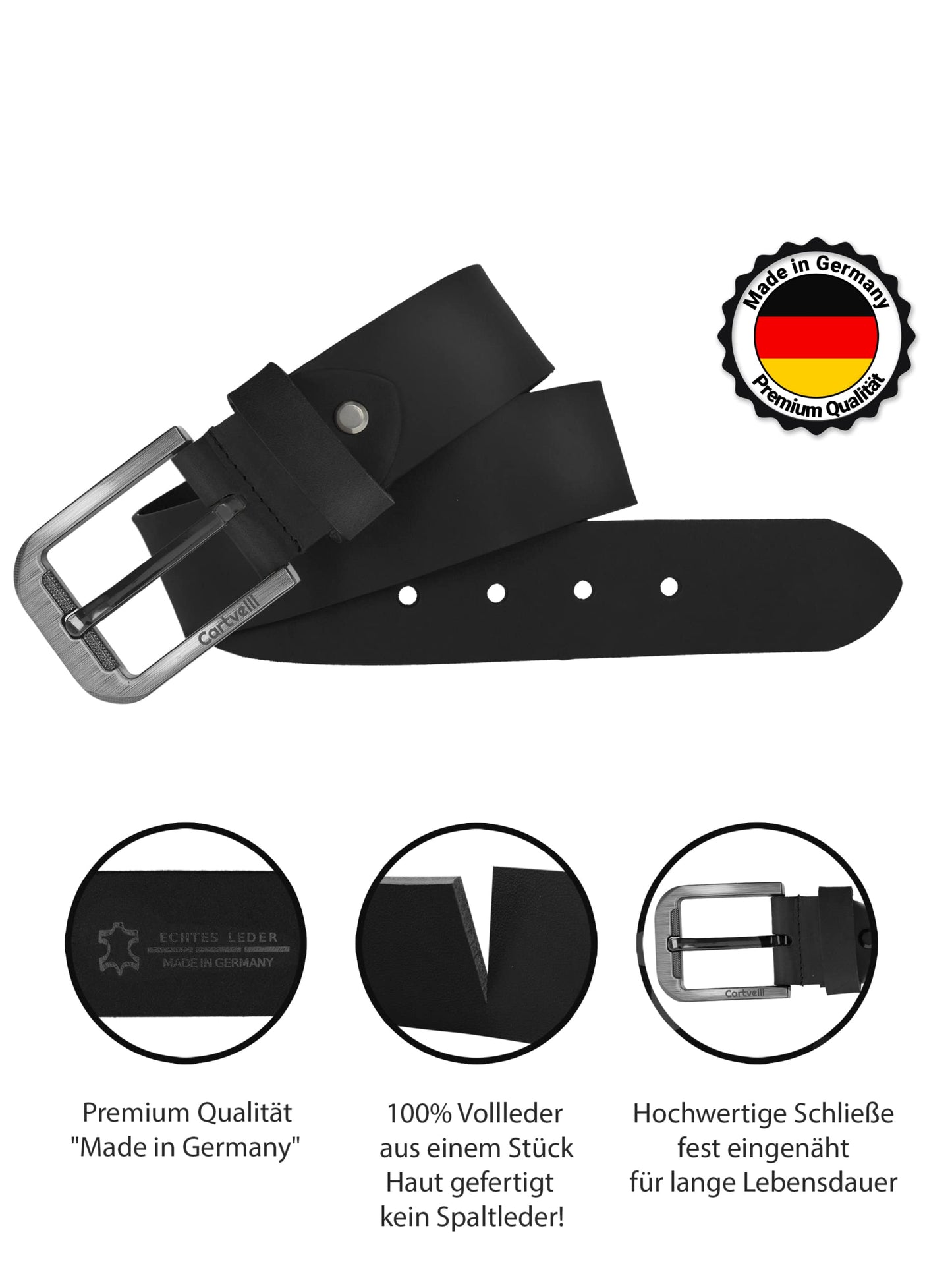 Cartvelli Premium Ledergürtel Herren Schwarz 100cm Made in Germany mit Geschenkbox Echt-Leder Herrengürtel Vollleder Jeansgürtel breiter Leder Gürtel 40mm Anzug jeans chino pants M19s-100