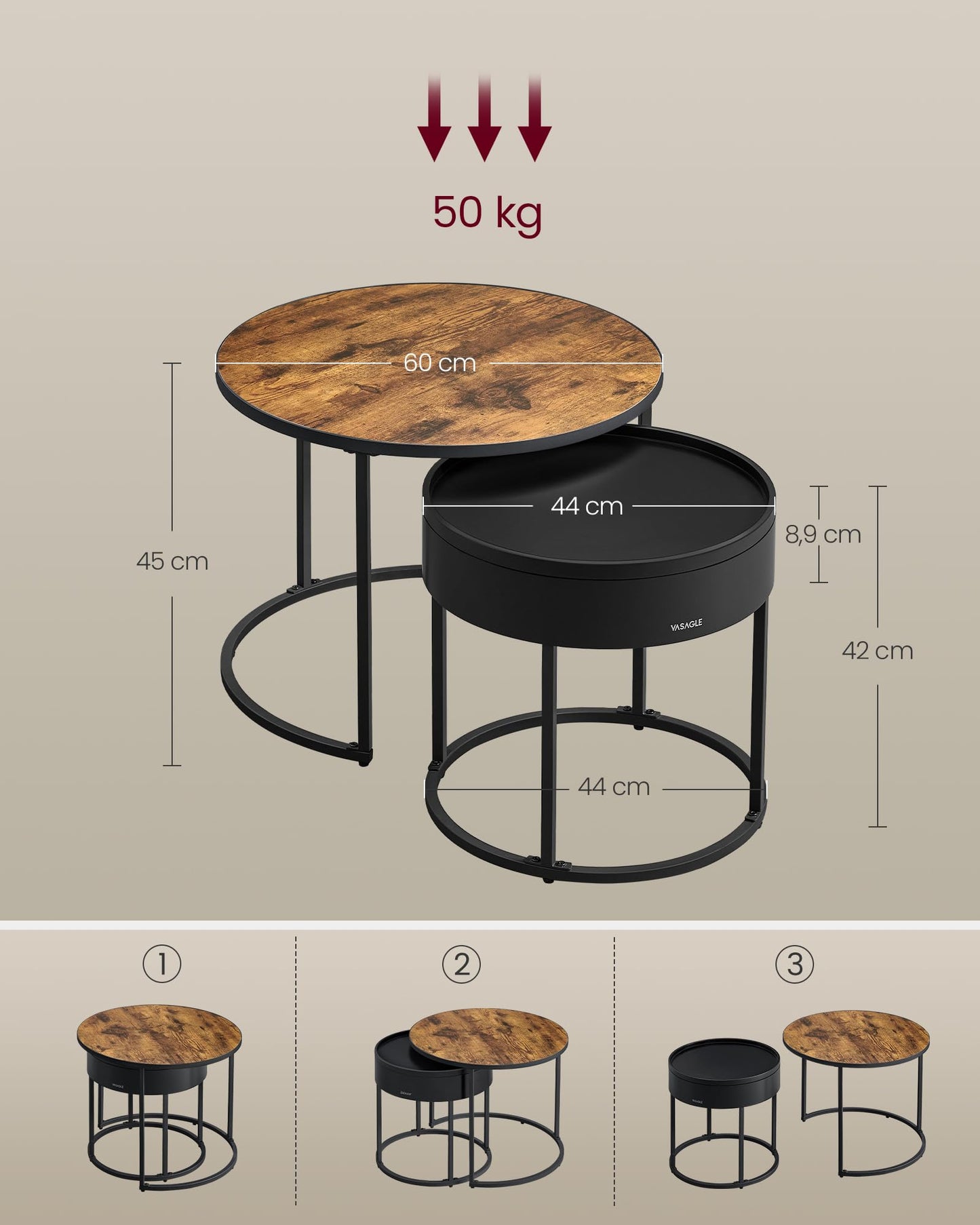 VASAGLE Couchtisch rund, 2er Set, Beistelltisch, Satztisch, modern, versteckter Stauraum, Tablett, für Wohnzimmer, Schlafzimmer, Balkon, vintagebraun-tintenschwarz LCT044K01