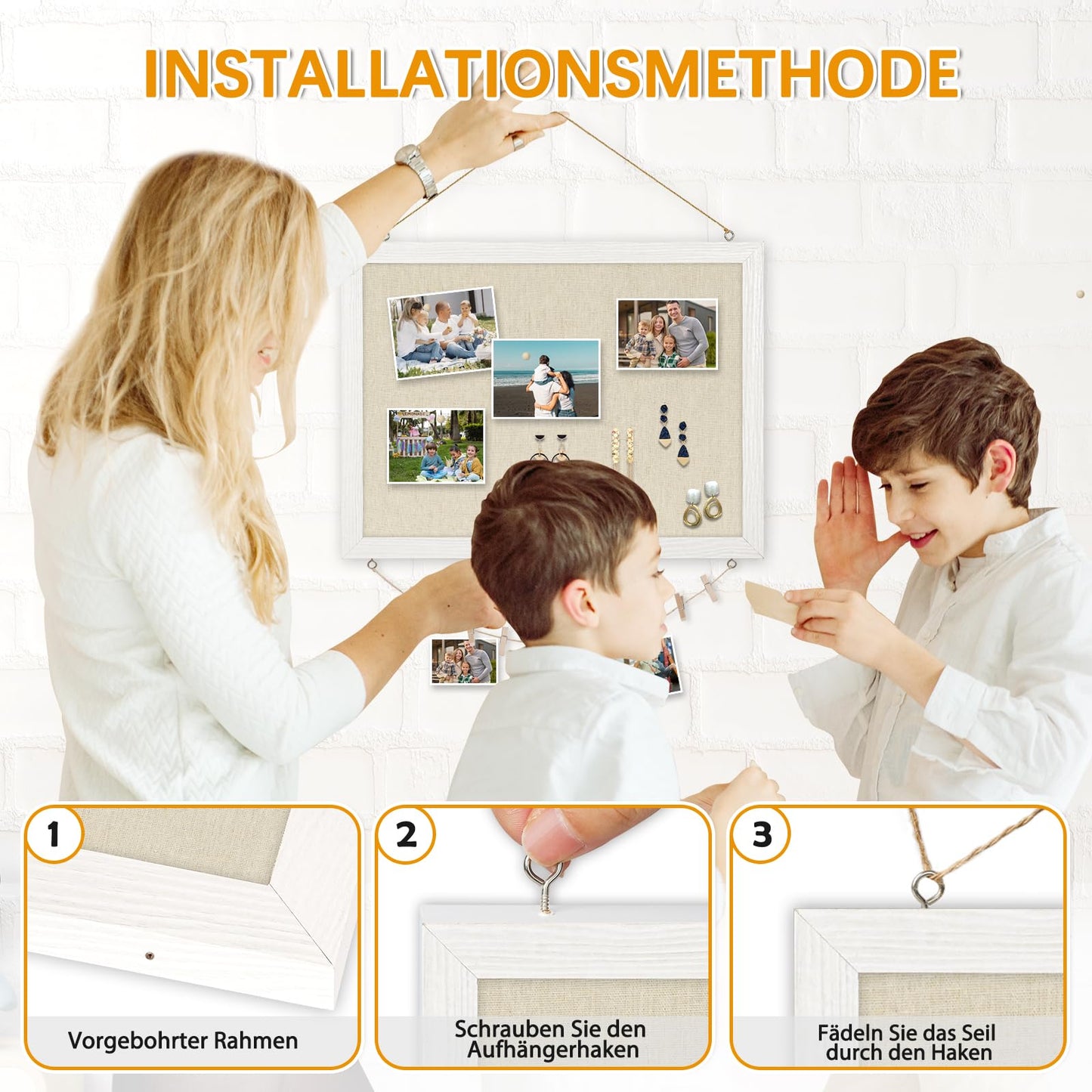 DOLLAR BOSS Pinnwand Kork mit Leinen 30×40CM Korkwand Pinnwand Klein, Pinwand mit Weißem Rahmen Doppelseitige Korktafel Für Zuhause, Küche, Büro, Dekoratives Aufhängen mit 10 Reißzwecken 1 Stück
