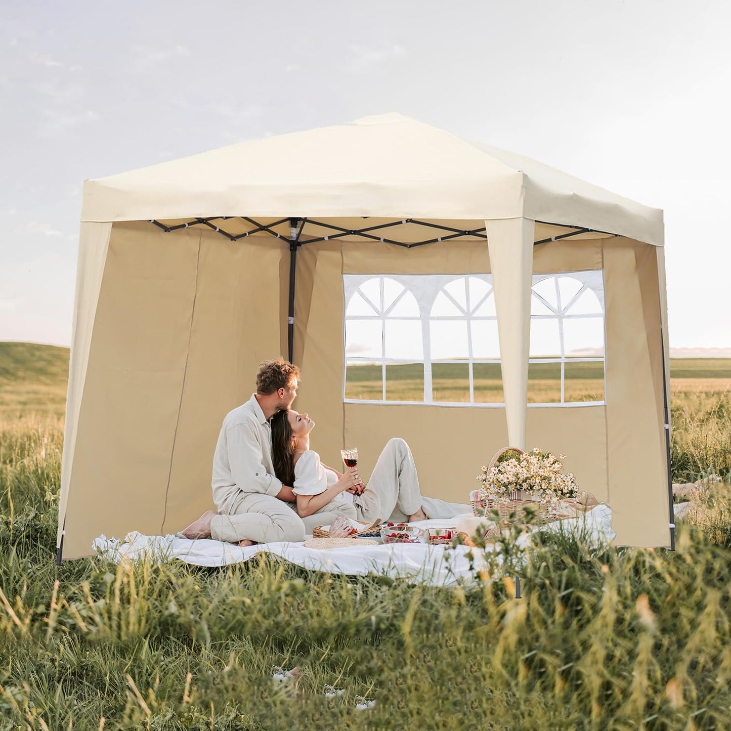Angel Living 2.5 x 2.5M Faltbarer Pop up Pavillon Outdoor,Faltpavillon Gartenzelt Partyzelt,UV-Schutz 50+,2 Seitenwänden mit Reißverschlüssen für Außen, Garten, Camping Beige