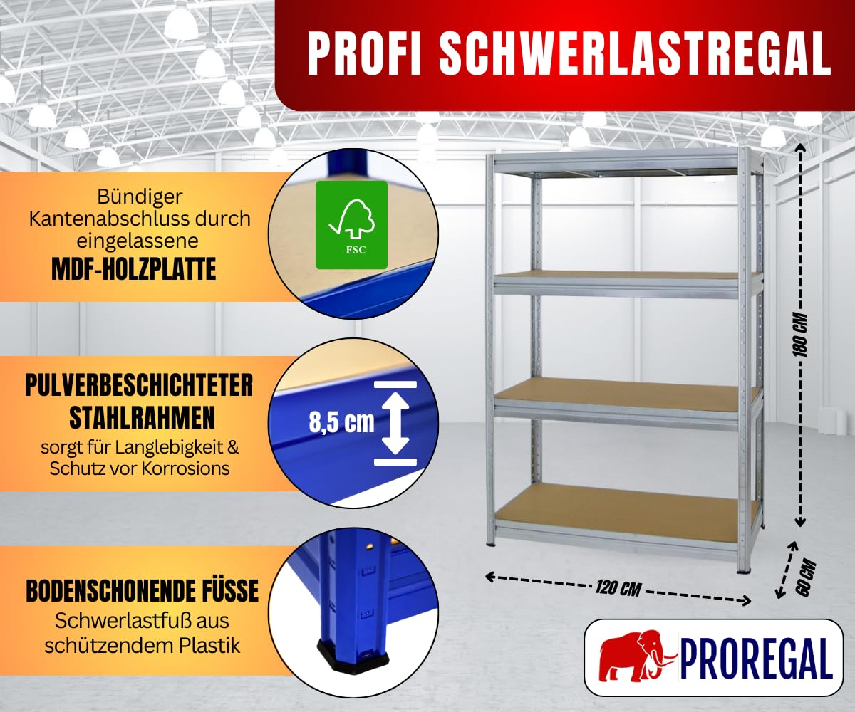PROREGAL Schwerlastregal Dino 180x120x60 cm Fachlast 600kg Verzinkt, Garagenregal, Lagerregal, Steckregal, Kellerregal