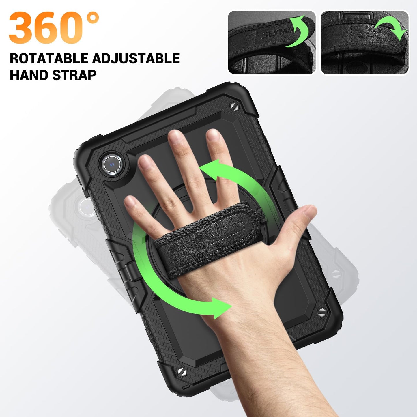 SEYMAC Hülle für Lenovo Tab M11 2024 (TB-330FU/TB-331FC), Stoßfeste für Lenovo Tab M11 Hülle mit Displayschutzfolie, 360° Drehbarer Ständer und Handschlaufe, Schultergurt, Stifthalter, Schwarz