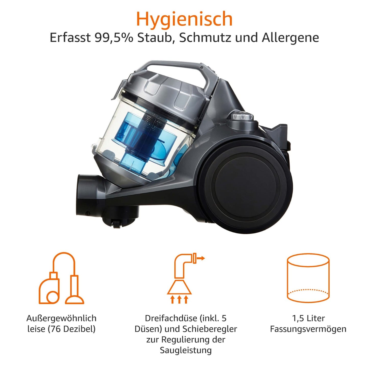 Amazon Basics – Zylinder-Staubsauger, leistungsstark, kompakt und leicht, ohne Beutel, für Hart- und Teppichböden, HEPA-Filter, 700 W, 1,5 l, EU, Schwarz/Blau