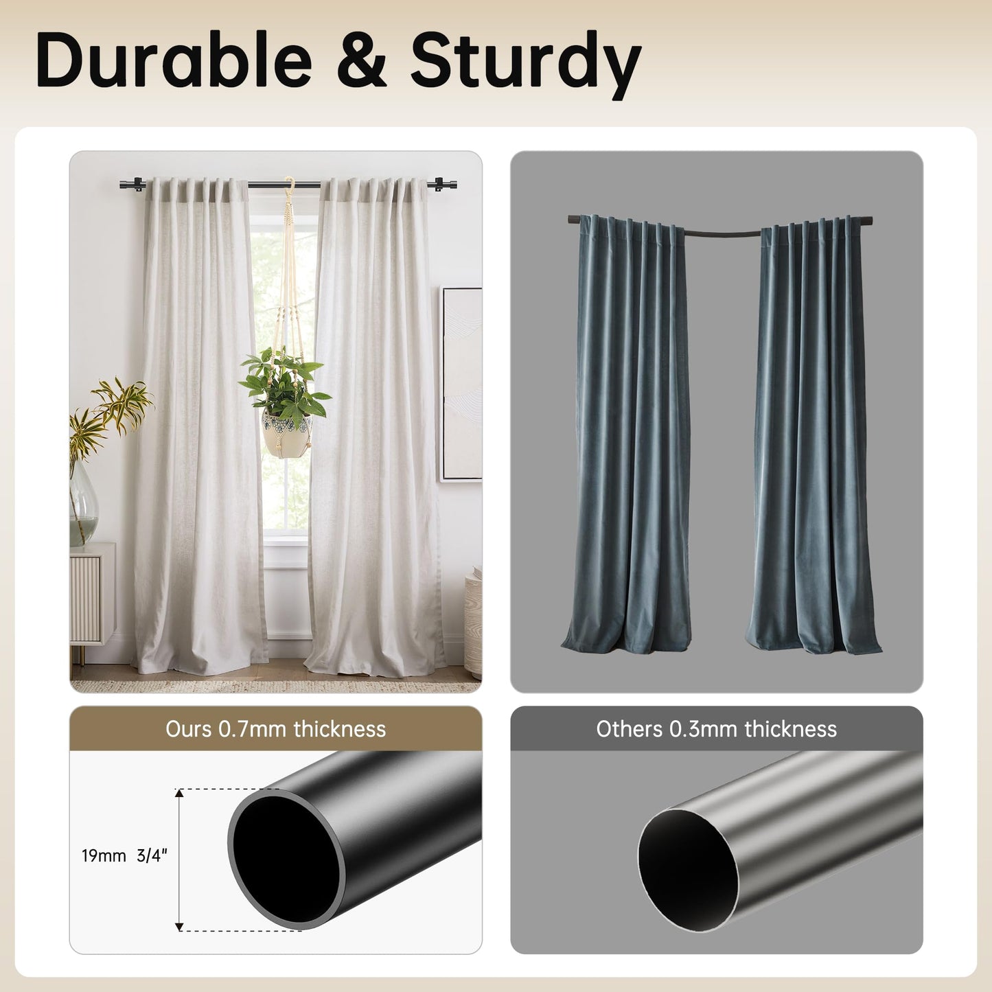 Ausziehbare Gardinenstangen 76-280cm, Dia 19mm Verstellbare Gardinenstange mit Kappenknäufen für Ösenvorhänge, Elegante Dekorative Vorhangstangen für Schlafzimmer