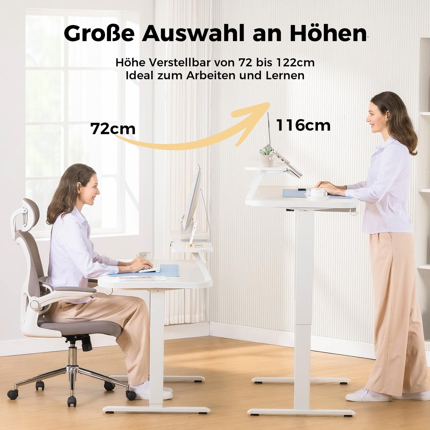 COMHOMA Höhenverstellbarer Schreibtisch Elektrischer, 120x60cm, mit Schubladen, Monitorständer, Tablet-Ständer, mit 3 höhen Memory-Steuerung, Weiß