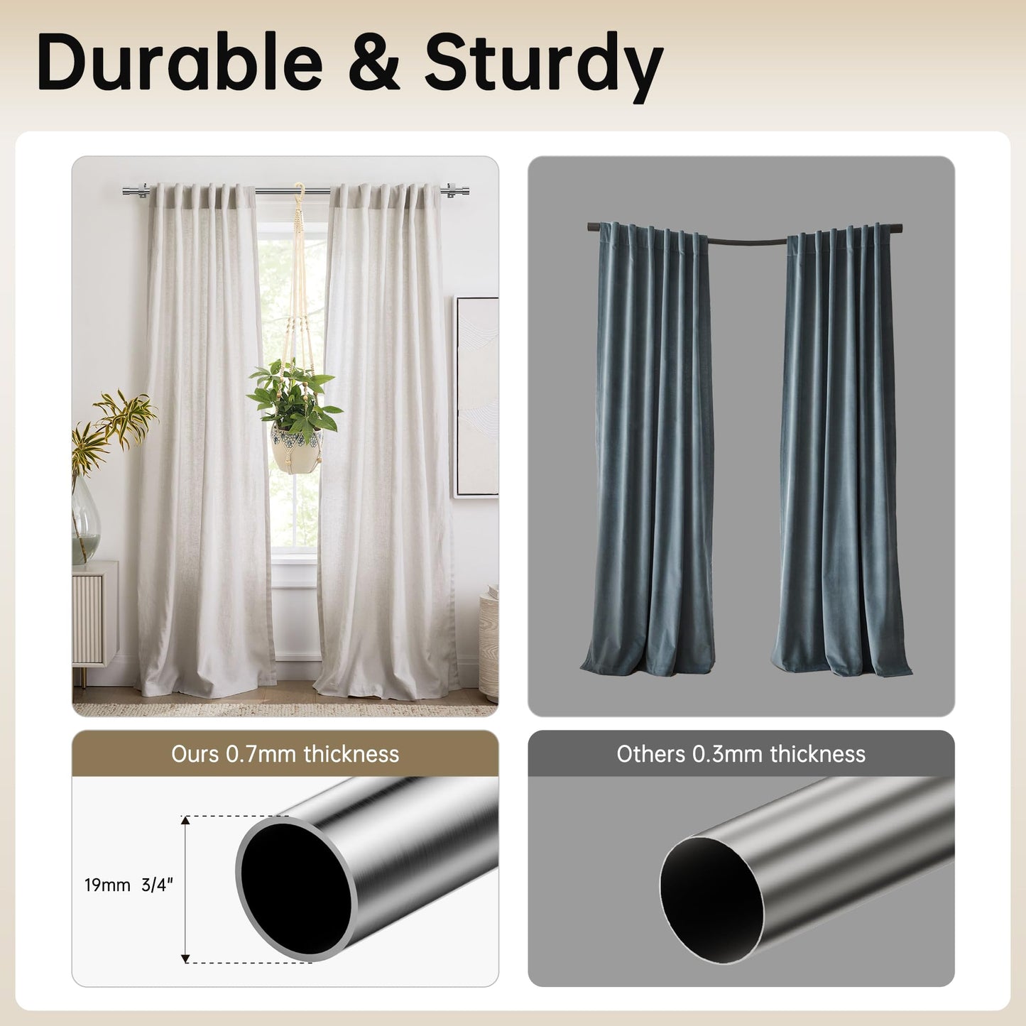 Ausziehbare Gardinenstangen 76-208cm, Dia 19mm Verstellbare Gardinenstange mit Kappenknäufen für Ösenvorhänge, Elegante Dekorative Vorhangstangen für Schlafzimmer