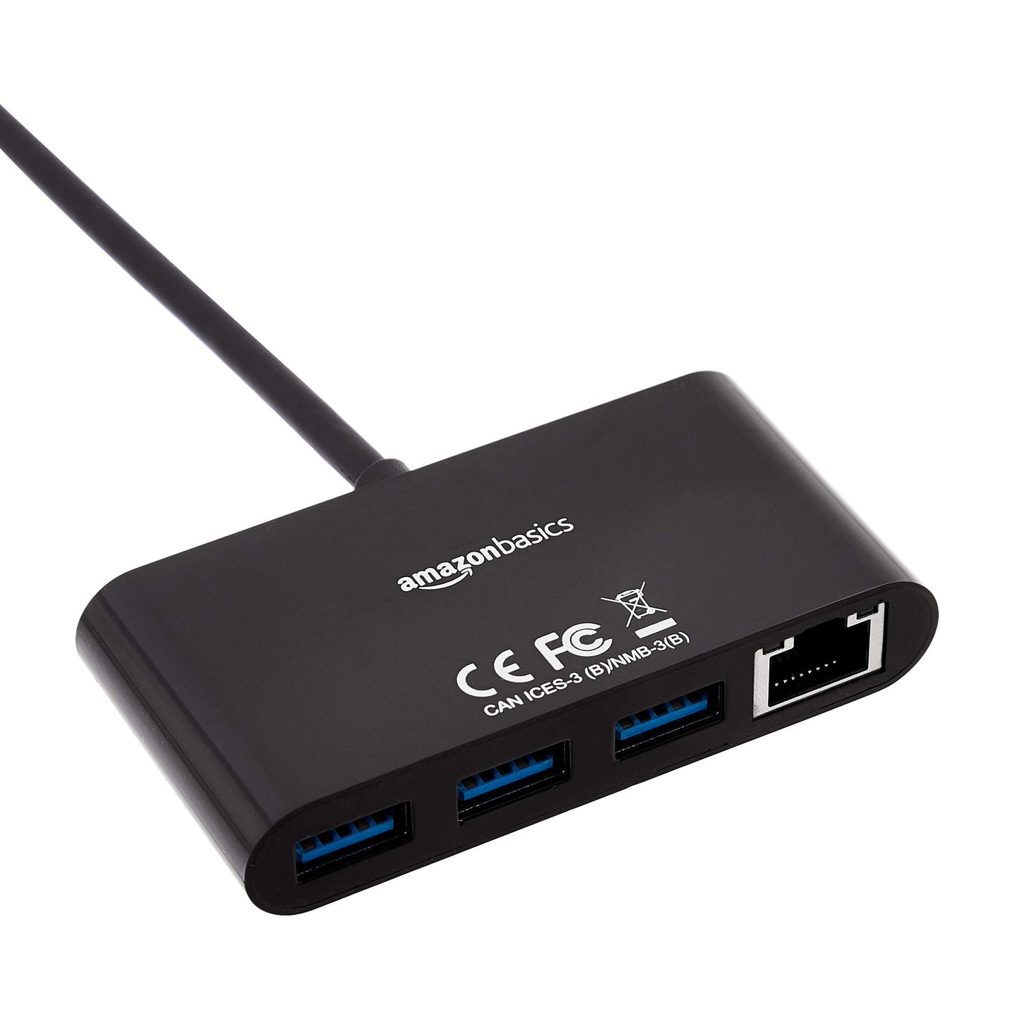 Amazon Basics – USB-3.0-Adapter mit 3 x Ports und 1 x RJ45-Gigabit-Ethernet-Port, 3 USB A + 1 RJ45, Schwarz