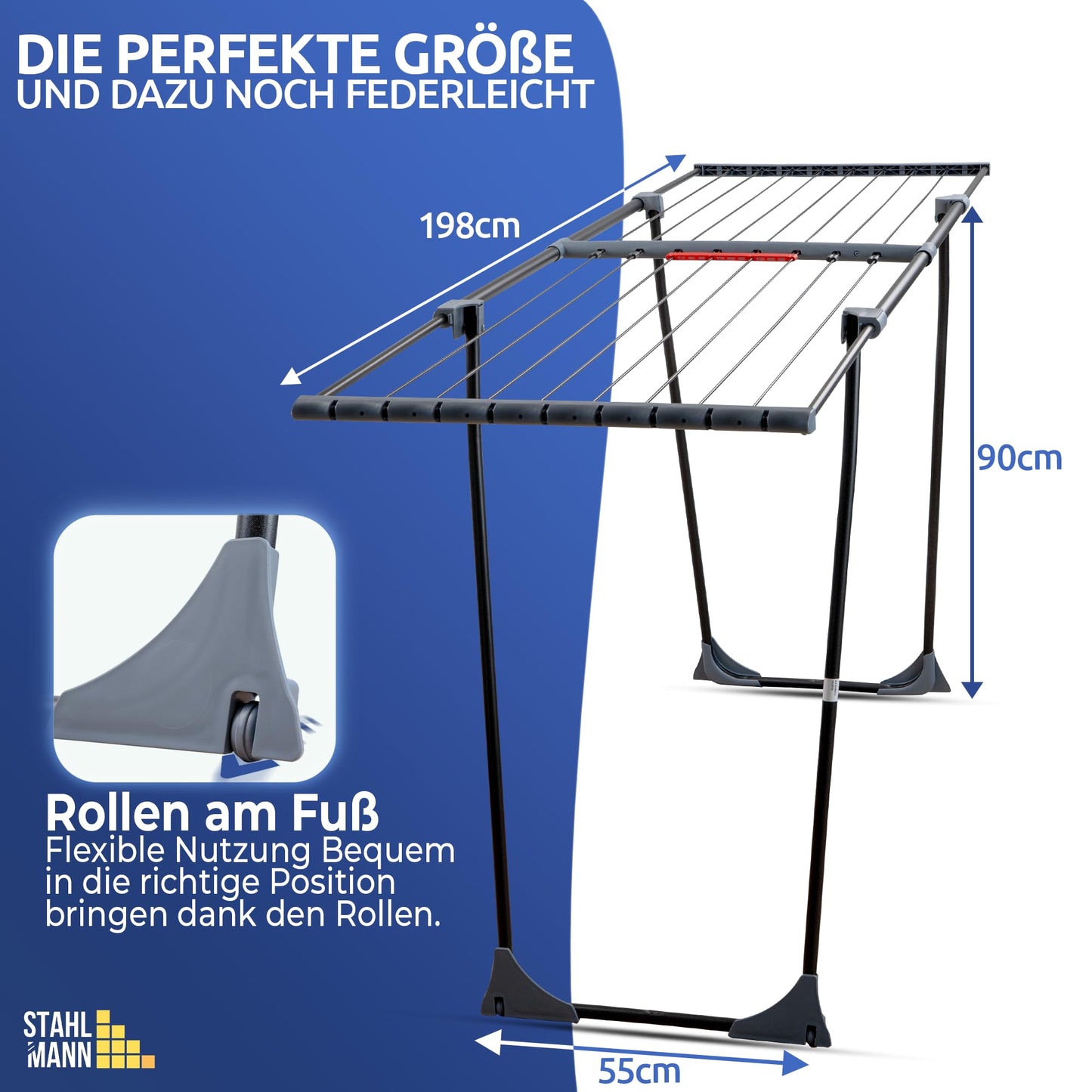 STAHLMANN ® Wäscheständer ausziehbar [20M Trockenfläche ] - Wäscheständer XXL [Made IN EU] - Wäscheständer schwarz mit Klemmen für kleine Wäschestücke - Wäscheständer platzsparend