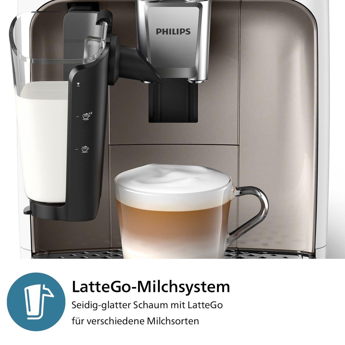Philips 2300 Serie Vollautomatische Espressomaschine - 4 Getränke, modernes Farb-Touchscreen-Display, LatteGo-Milchsystem, SilentBrew, Keramikmahlwerk, AquaClean-Filter. Weißes Chrom (EP2333/40)