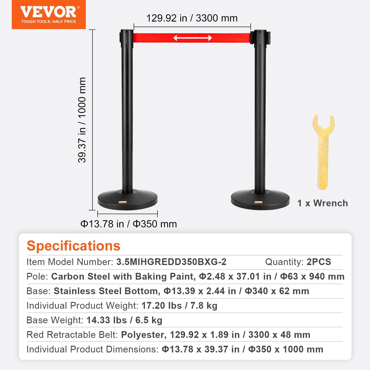 VEVOR Personenleitsystem-Absperrband Schwarzer Absperrständer 2-teilig, 3,3 m x 48 mm Einziehbarer Roter Gürtel, Kohlenstoffstahl Personenleitsystem Absperrpfosten für Flughäfen, Einkaufszentrum