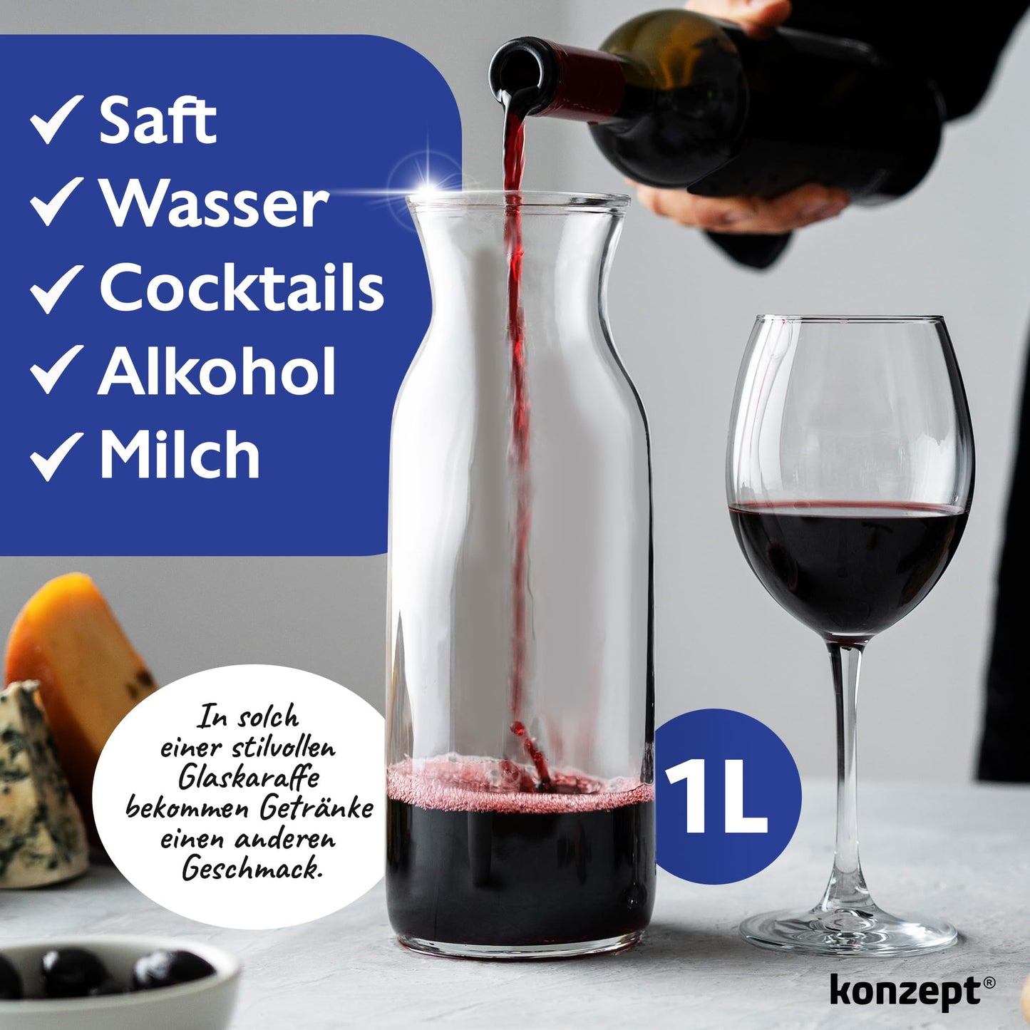 KONZEPT Wasserkaraffe ohne Deckel, Glaskaraffe 1 liter, Karaffe ideal für Wasser, Saft, Wein, Limonade, Coctails und Milch