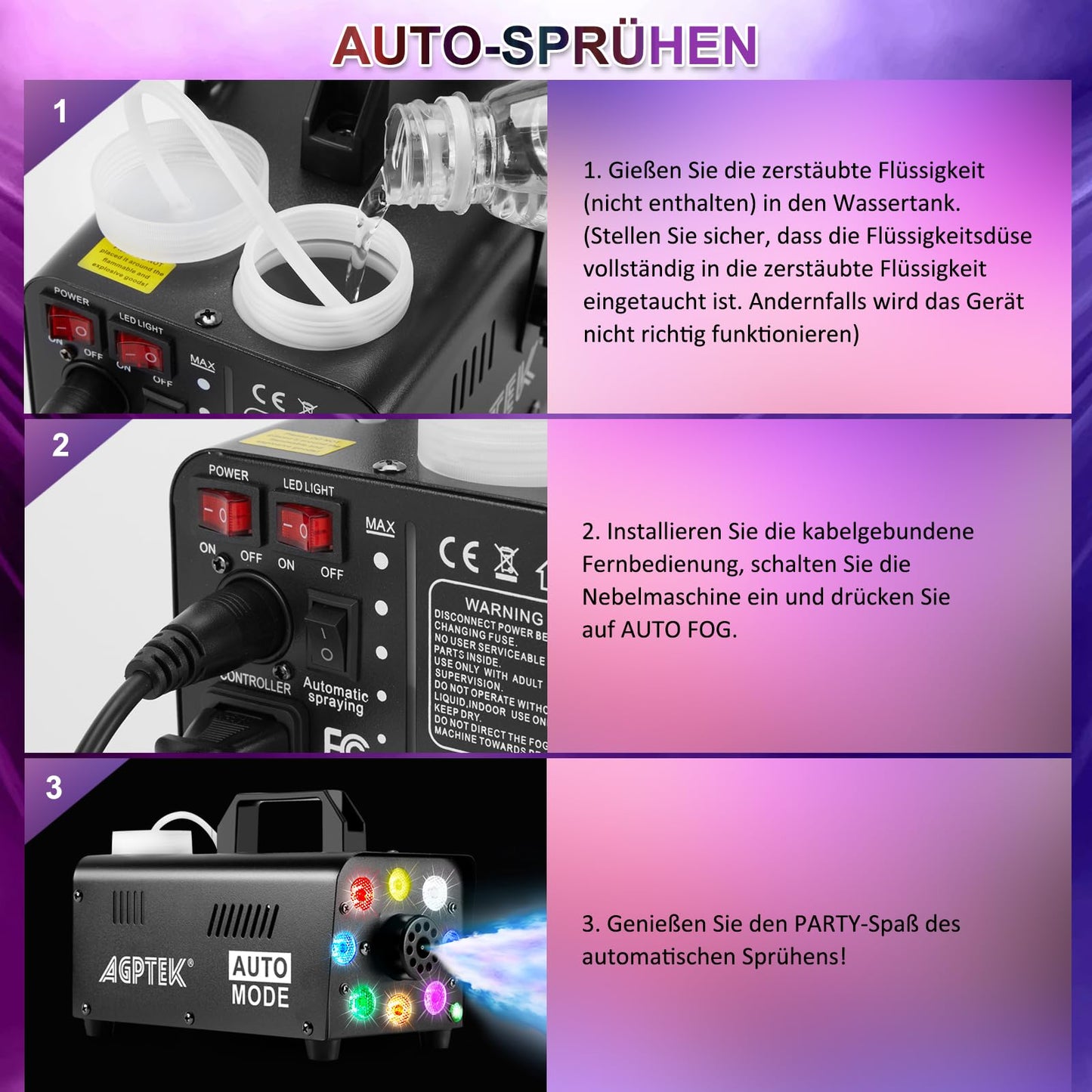 Nebelmaschine, AGPtEK Nebel Maschine mit kabelloser Fernbedienung UND LED Licht, 500 WATT Stabil & Tragbar, Passend für Halloween, Weihnachten, Hochzeitsfeiern & Bühnenauftritte usw