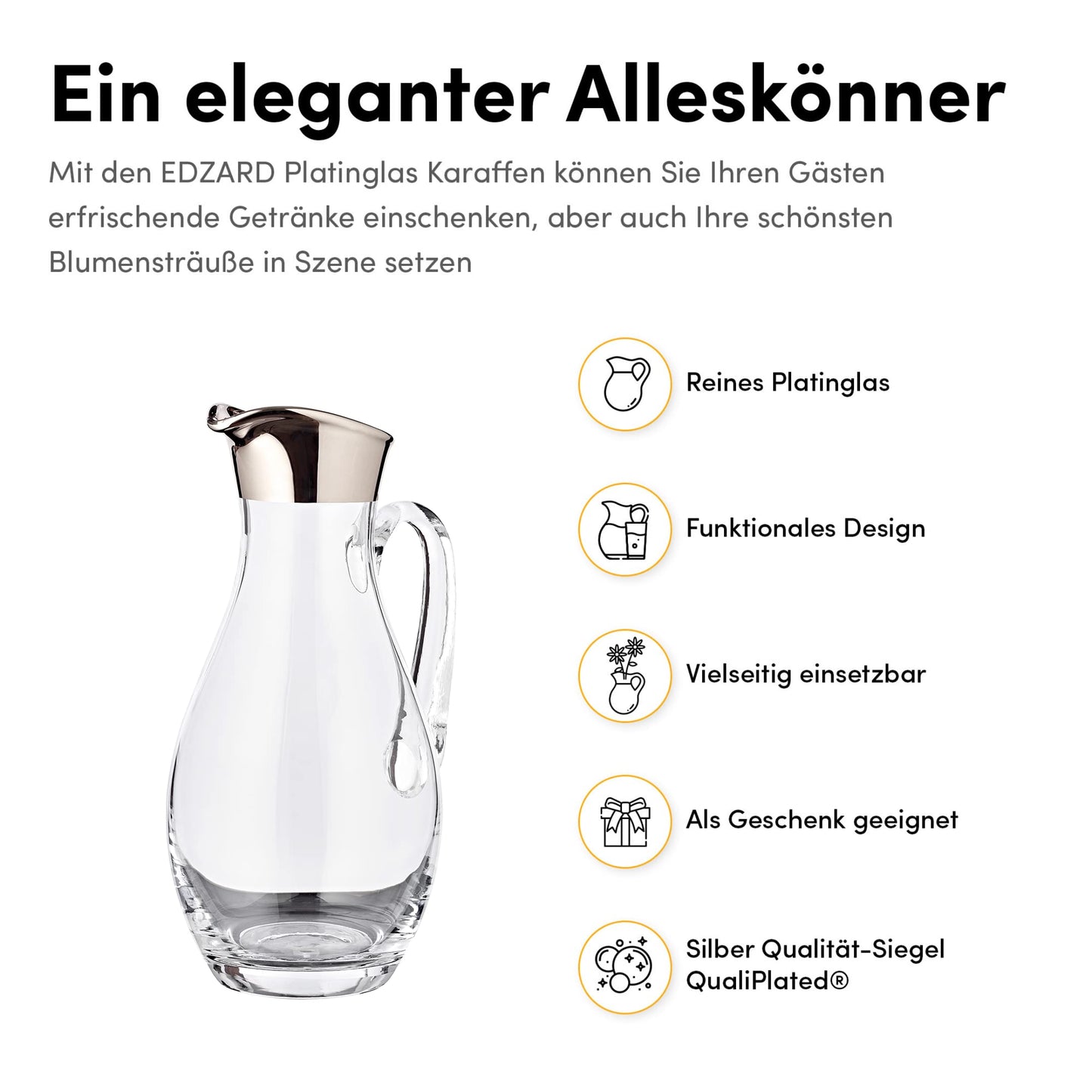 EDZARD Krug, Karaffe Johnny, mundgeblasenes Kristallglas mit Platinrand, Füllmenge 1,8l, Höhe 30 cm, Wasserkaraffe aus Glas, Durchmesser 14 cm