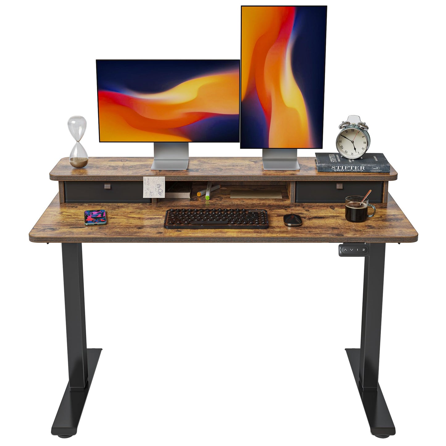FEZIBO Höhenverstellbarer Elektrischer Stehtisch mit Doppelschublade, 120 x 60 cm Heimbüro Schreibtisch mit Ablagefach, Sitz-Steh-Schreibtisch Computerarbeitsplatz, Rustikal Braun Oberfläche