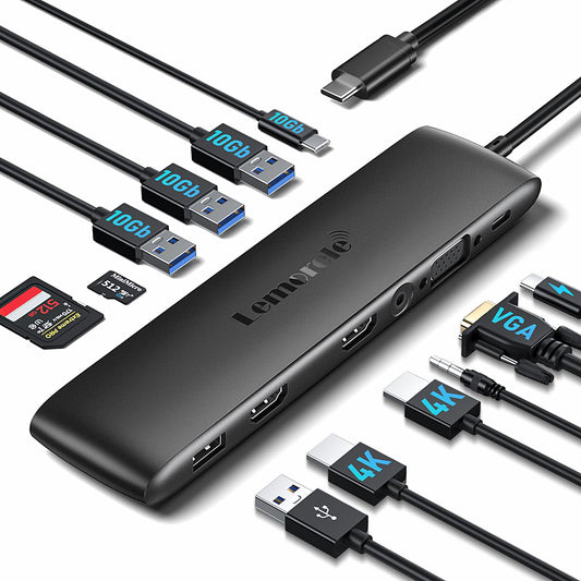 USB C Docking Station mit 10Gbps USB C/A Datenanschluss,Lemorele 12-in-1 Adapter mit Dual 4K HDMI, VGA, 4 USB A 3.1/2.0, USB C 3.1 Hub,100W PD,SD/TF,Audio, für Windows, MacBook, Dell usw