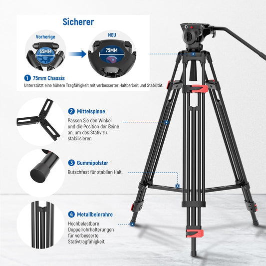 NEEWER Basic 74“ Videostativ mit Fluidkopf [Basisversion], Metall Kamerastativ mit sanfter Reibungsdämpfung, Mittelspinne, Schnellwechselplatte kompatibel mit 501, maximale Belastung 17,6lb, TP37