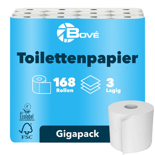BOVE Toilettenpapier 3-lagig 168 Rollen Gigapackung - 250 Blatt pro Rolle - Extra Weich, Stark & Saugstark - FSC & EU Ecolabel Zertifiziert - Preis-Leistungs-Knaller