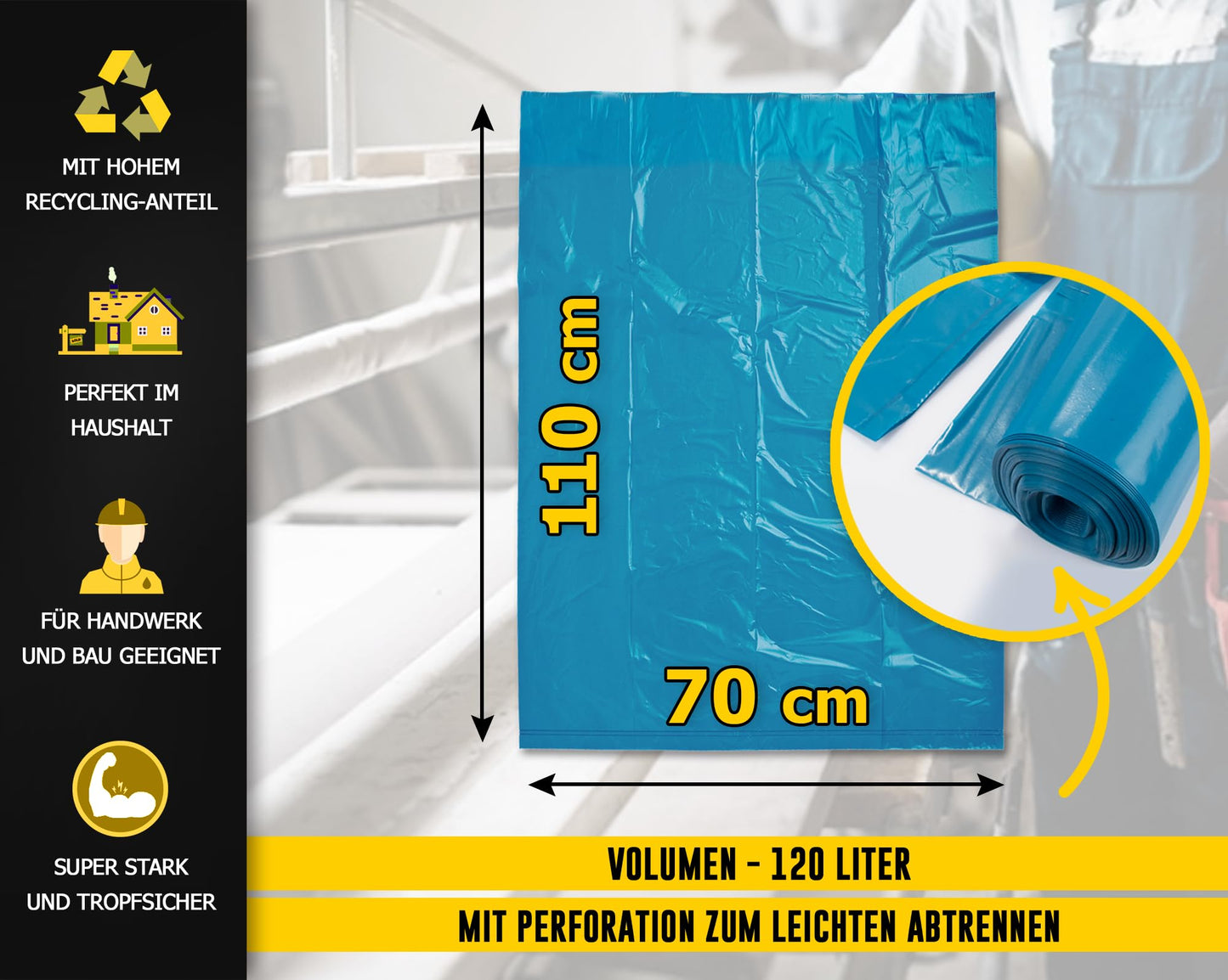 Müllsäcke 120L Blau - 100 Stück - Extrem Reißfest - Abfallsäcke - Abfall Beutel XXL - Typ 100 Extra - Müllbeutel 120 L - 70 µ - 700x1100 mm - LDPE - Großer Müllsack - 120 Liter - Super Stark Mülltüten