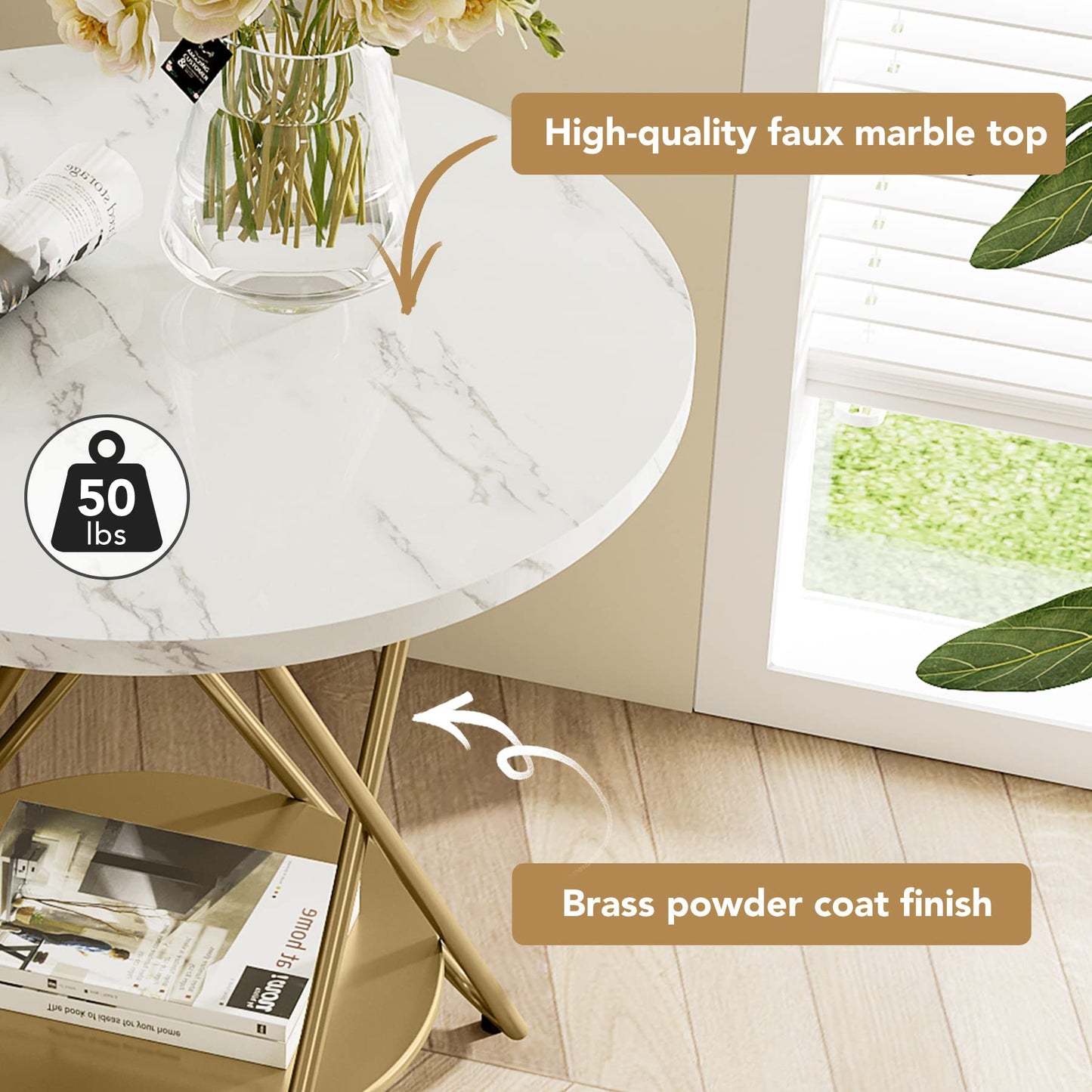 Tribesigns Faux Marmor End-Tisch, 2-stufiger runder Seitentisch, Beistelltisch mit Metalllegen, kleiner Akzent Tisch Snack Tisch für Wohnzimmer, Schlafzimmer, Balcony, Weiß und Gold (1, Weiß und Gold)