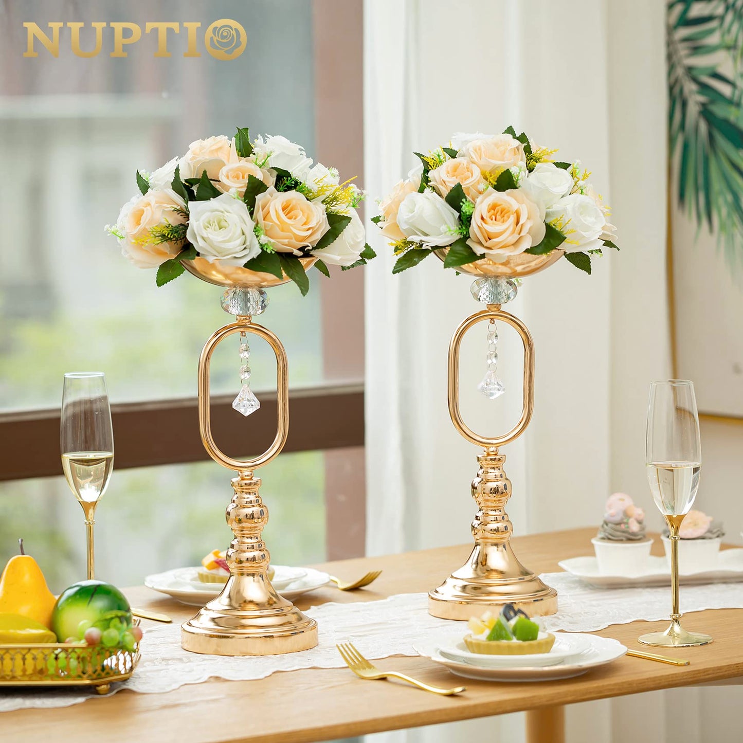 NUPTIO 2 Stück Künstliche Blumenstrauß, 15 Köpfe Kunststoff Rosen mit Sockel, Geeignet für Unser Geschäft Hochzeit Herzstück Blumenregal für Parteien Valentinstag Dekoration(Champagner & Weiß)