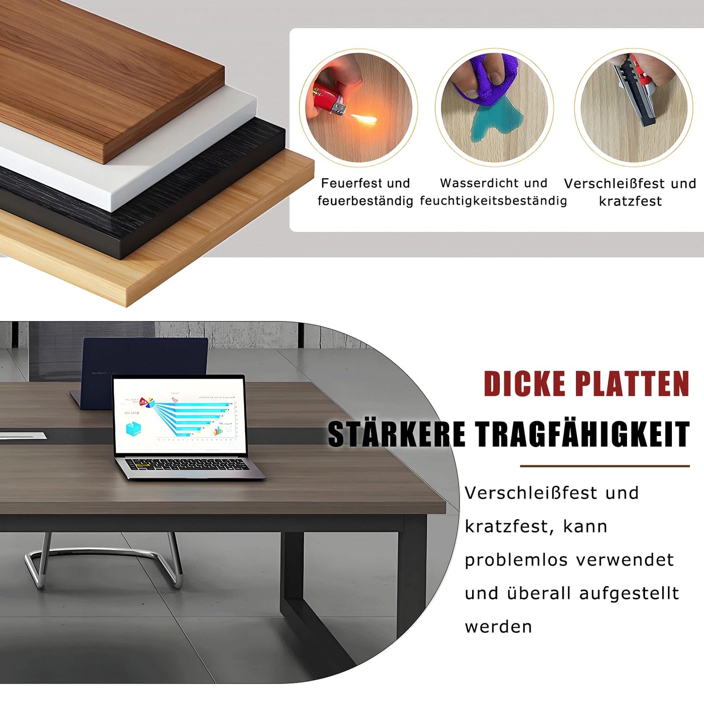 Tazyee Großer Konferenztisch Weiß Schwarz, Moderner Besprechungstisch mit Kabelmanagement und Höhenverstellbaren Füßen für 12 Personen