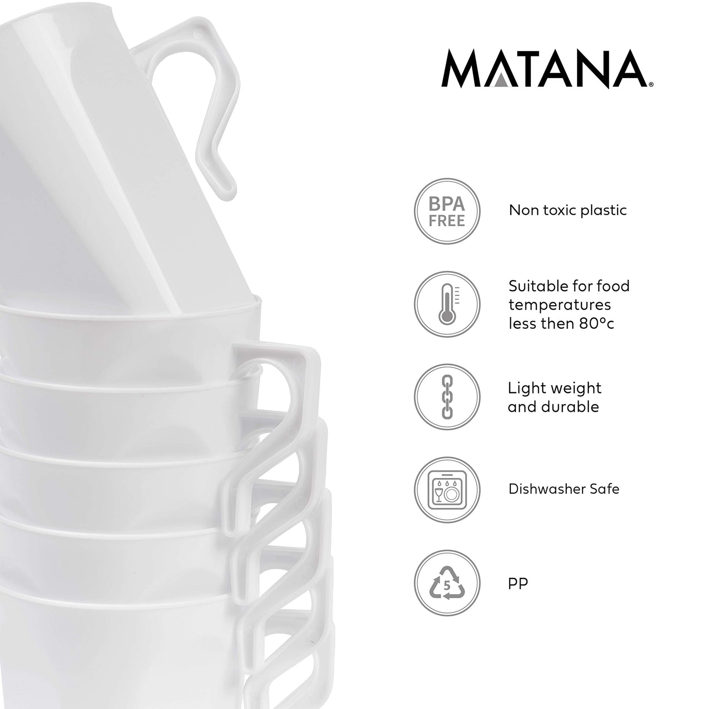 MATANA 50 Weiße Hartplastik Kaffeebecher, 255ml - Kaffee, Tee, Schokolade, Heiße & Kalte Getränke - Stabil & Mehrweg - Camping, Hochzeiten, Picknick, Grillabende, Outdoor-Events, Partys