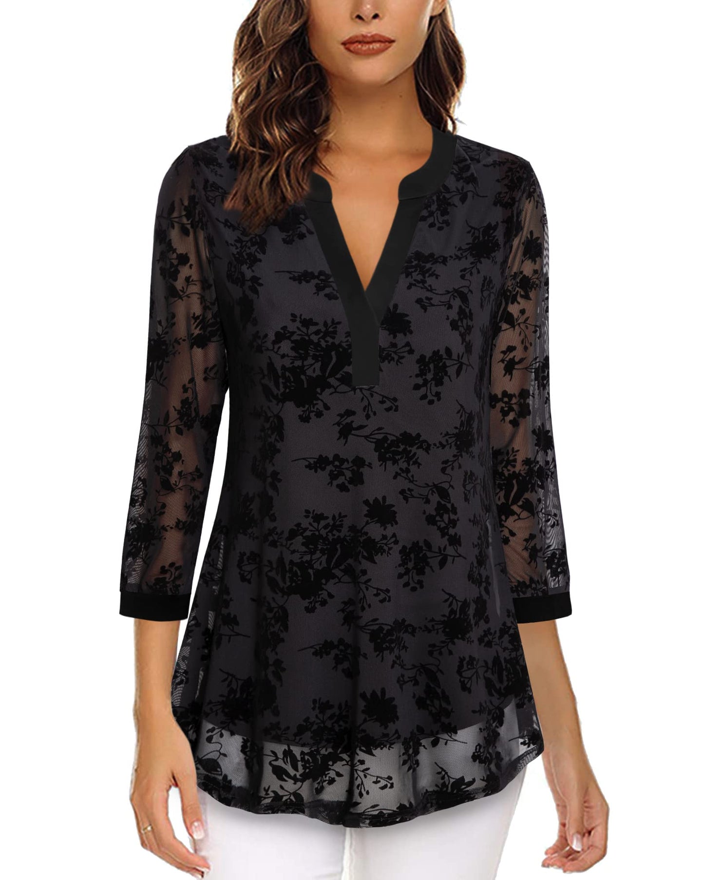 Vafoly Schwarze Blusen für Frauen Elegant Casual Arbeit Oberteile Damen V-Ausschnitt Dressy Tunika Tragen mit Leggings Floral Büro Kleidung Flowy Frühling Beflockte Schwarze Blumen XL