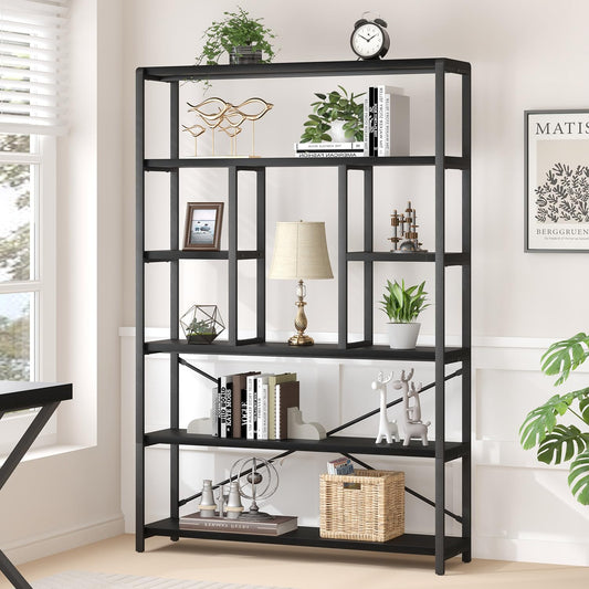 LVB Bücherregale mit 6 Ebenen Regale Wohnzimmer Standregal Industrie Bücherregale für Wohnzimmer Arbeitszimmer Küche 120 x 30 x 180 cm Regal Vintagebraun Schwar